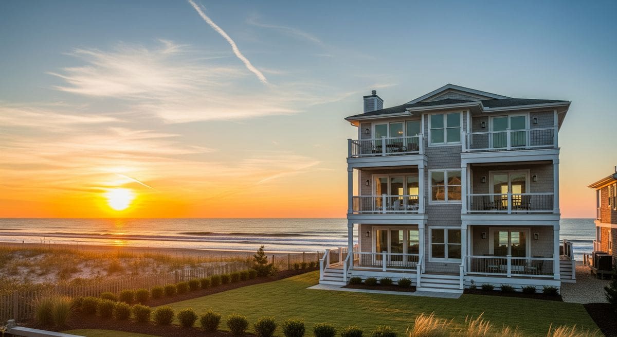 Beachfront house at sunset.